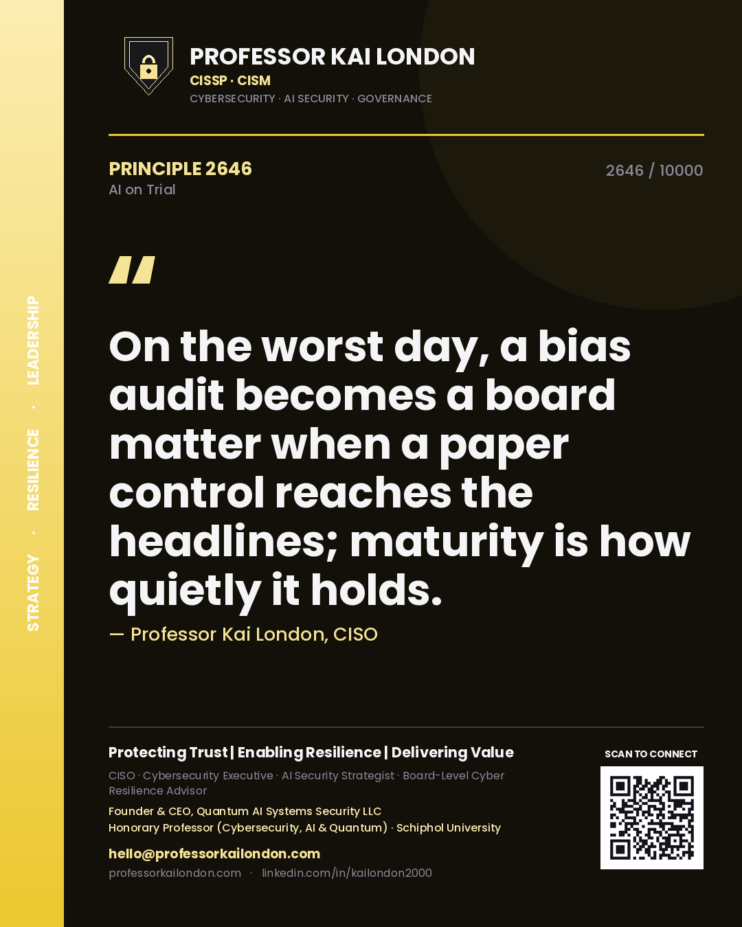 Professor Kai London principle 2646: On the worst day, a bias audit becomes a board matter when a paper control reaches the headlines; maturity is how quietly it holds.