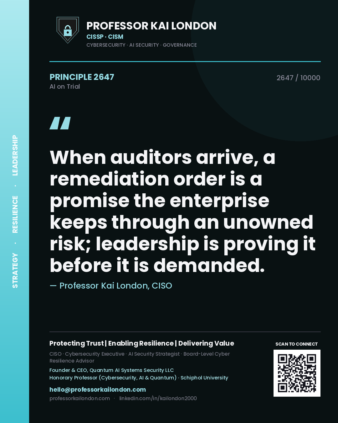 Professor Kai London principle 2647: When auditors arrive, a remediation order is a promise the enterprise keeps through an unowned risk; leadership is proving it before it is demanded.