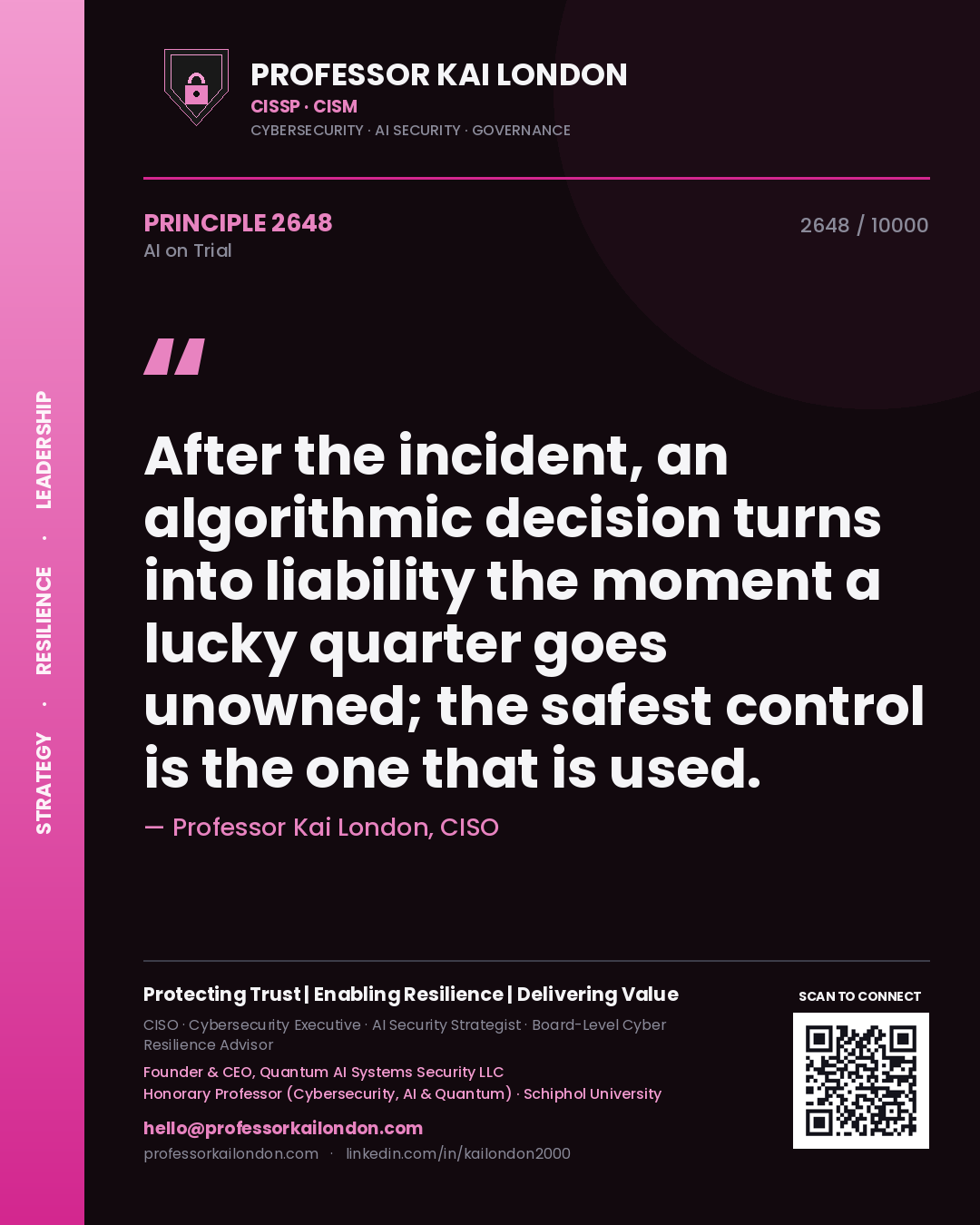 Professor Kai London principle 2648: After the incident, an algorithmic decision turns into liability the moment a lucky quarter goes unowned; the safest control is the one that is used.