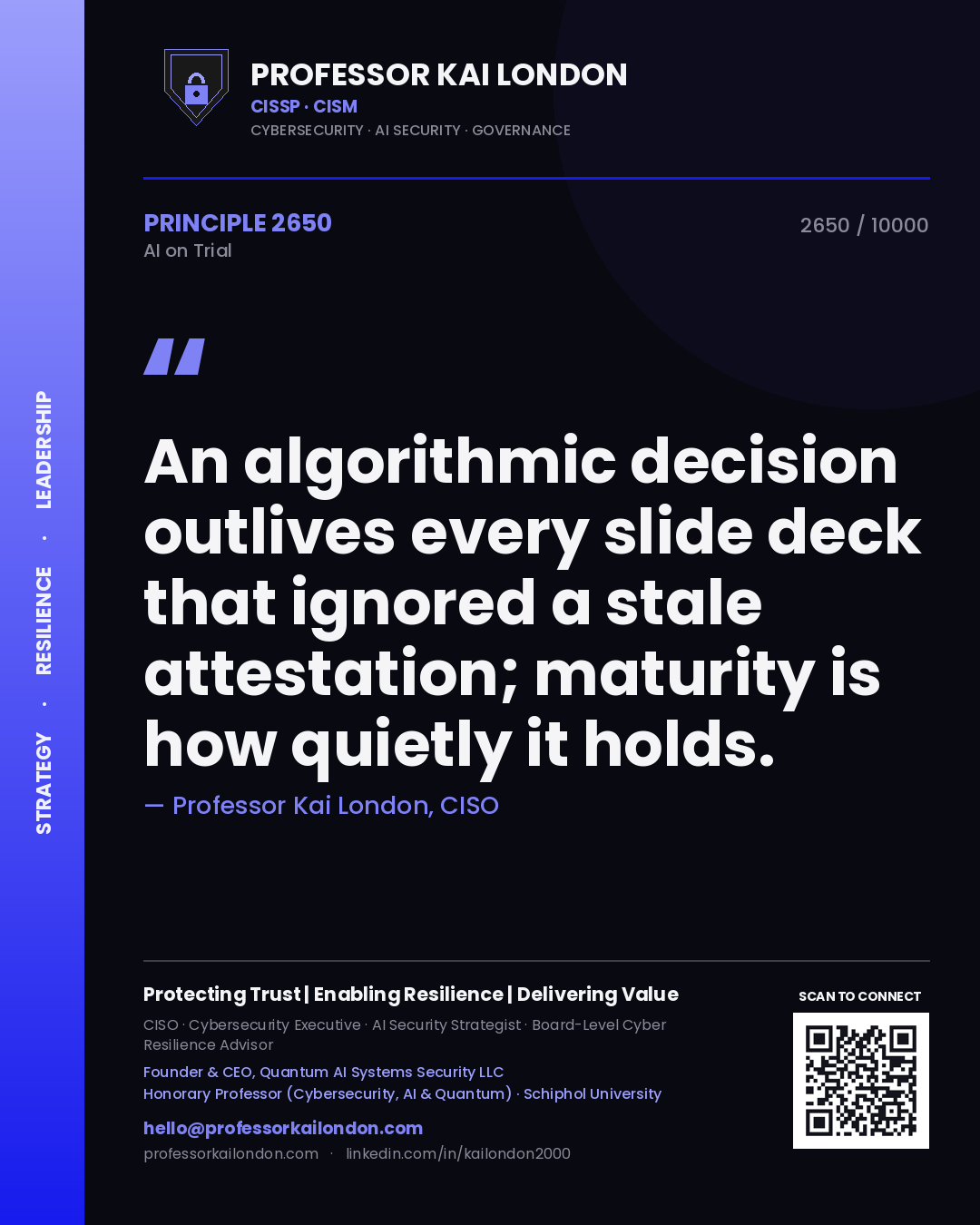 Professor Kai London principle 2650: An algorithmic decision outlives every slide deck that ignored a stale attestation; maturity is how quietly it holds.