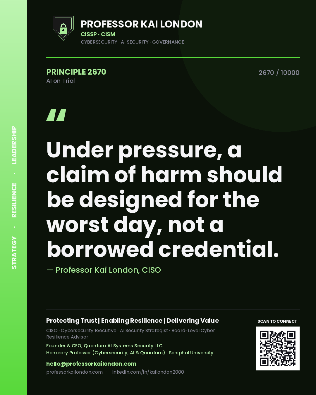 Professor Kai London principle 2670: Under pressure, a claim of harm should be designed for the worst day, not a borrowed credential.