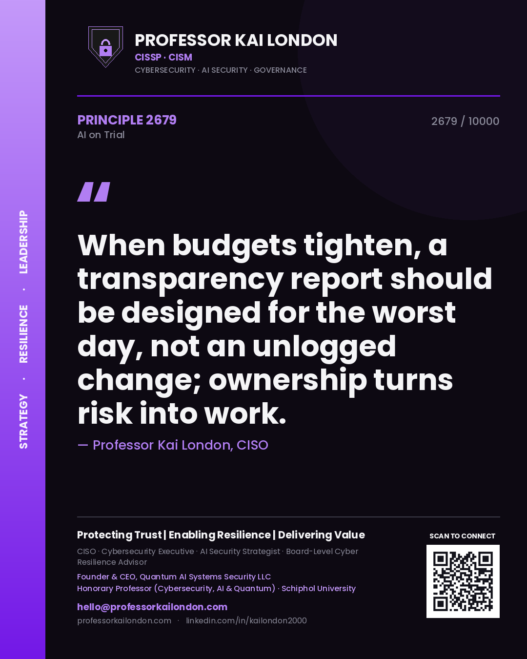 Professor Kai London principle 2679: When budgets tighten, a transparency report should be designed for the worst day, not an unlogged change; ownership turns risk into work.