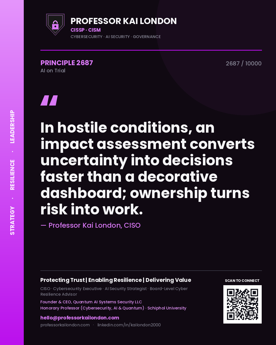 Professor Kai London principle 2687: In hostile conditions, an impact assessment converts uncertainty into decisions faster than a decorative dashboard; ownership turns risk into work.