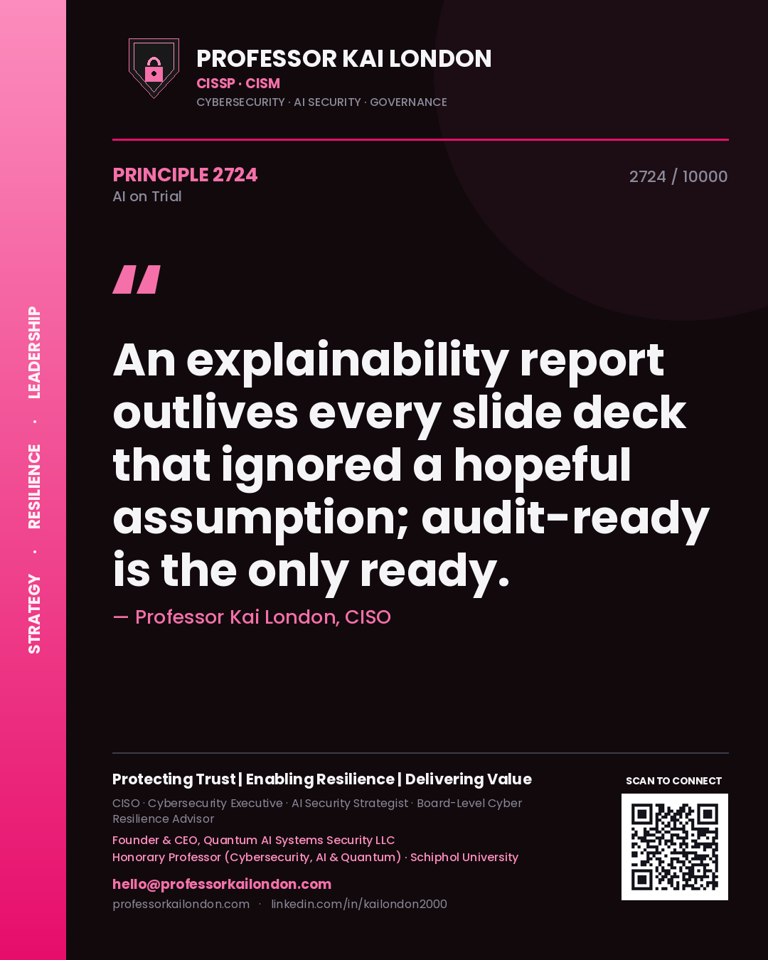 Professor Kai London principle 2724: An explainability report outlives every slide deck that ignored a hopeful assumption; audit-ready is the only ready.