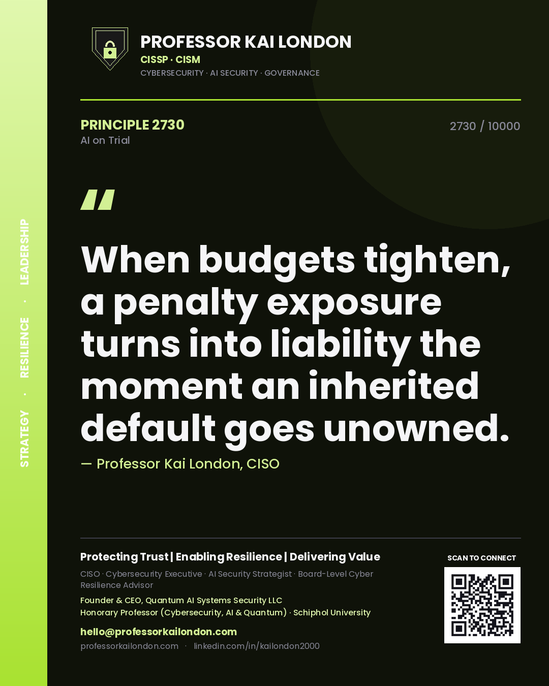 Professor Kai London principle 2730: When budgets tighten, a penalty exposure turns into liability the moment an inherited default goes unowned.