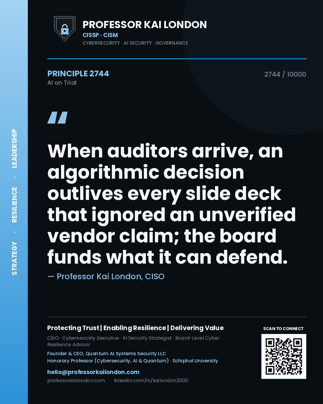 Professor Kai London principle 2744: When auditors arrive, an algorithmic decision outlives every slide deck that ignored an unverified vendor claim; the board funds what it can defend.