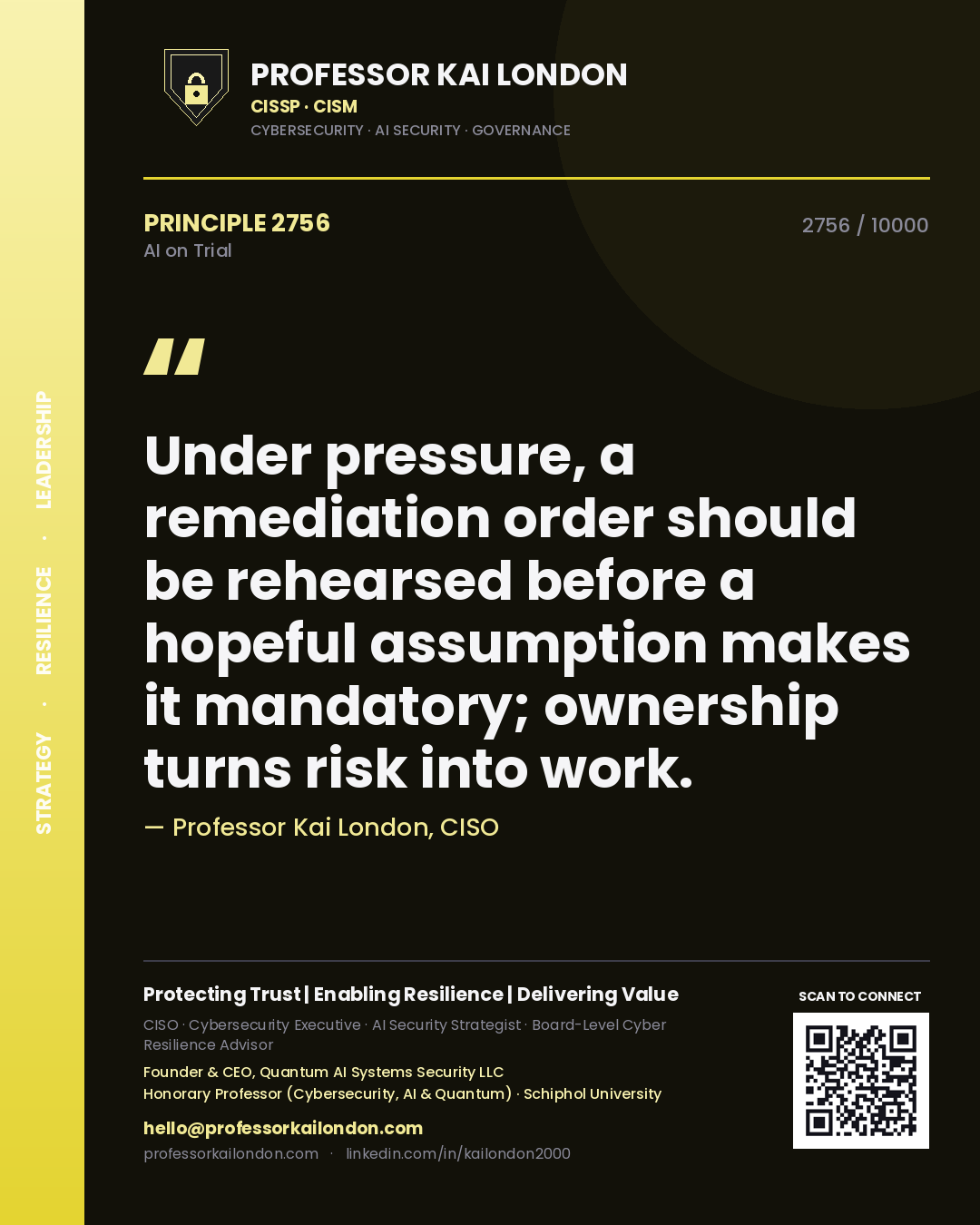 Professor Kai London principle 2756: Under pressure, a remediation order should be rehearsed before a hopeful assumption makes it mandatory; ownership turns risk into work.