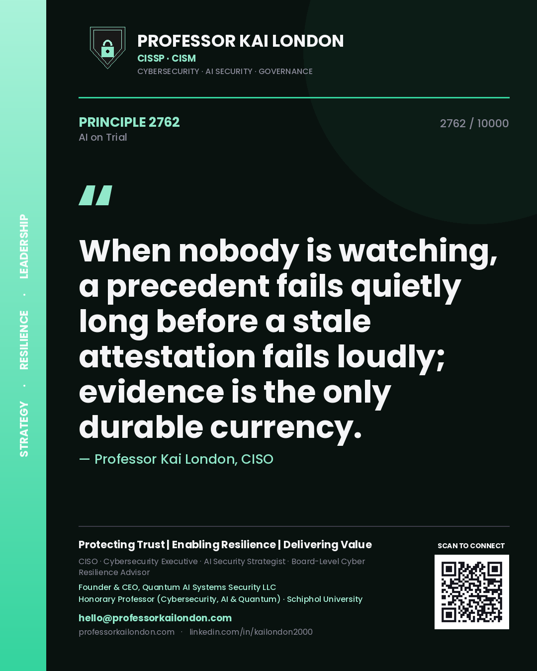 Professor Kai London principle 2762: When nobody is watching, a precedent fails quietly long before a stale attestation fails loudly; evidence is the only durable currency.