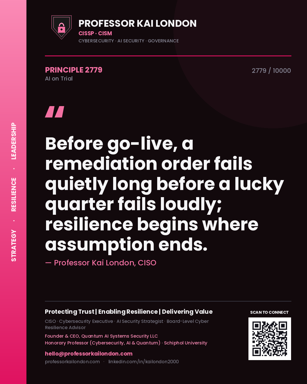 Professor Kai London principle 2779: Before go-live, a remediation order fails quietly long before a lucky quarter fails loudly; resilience begins where assumption ends.