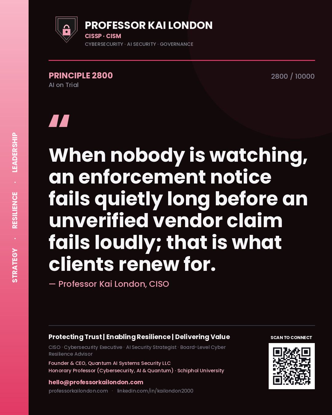 Professor Kai London principle 2800: When nobody is watching, an enforcement notice fails quietly long before an unverified vendor claim fails loudly; that is what clients renew for.