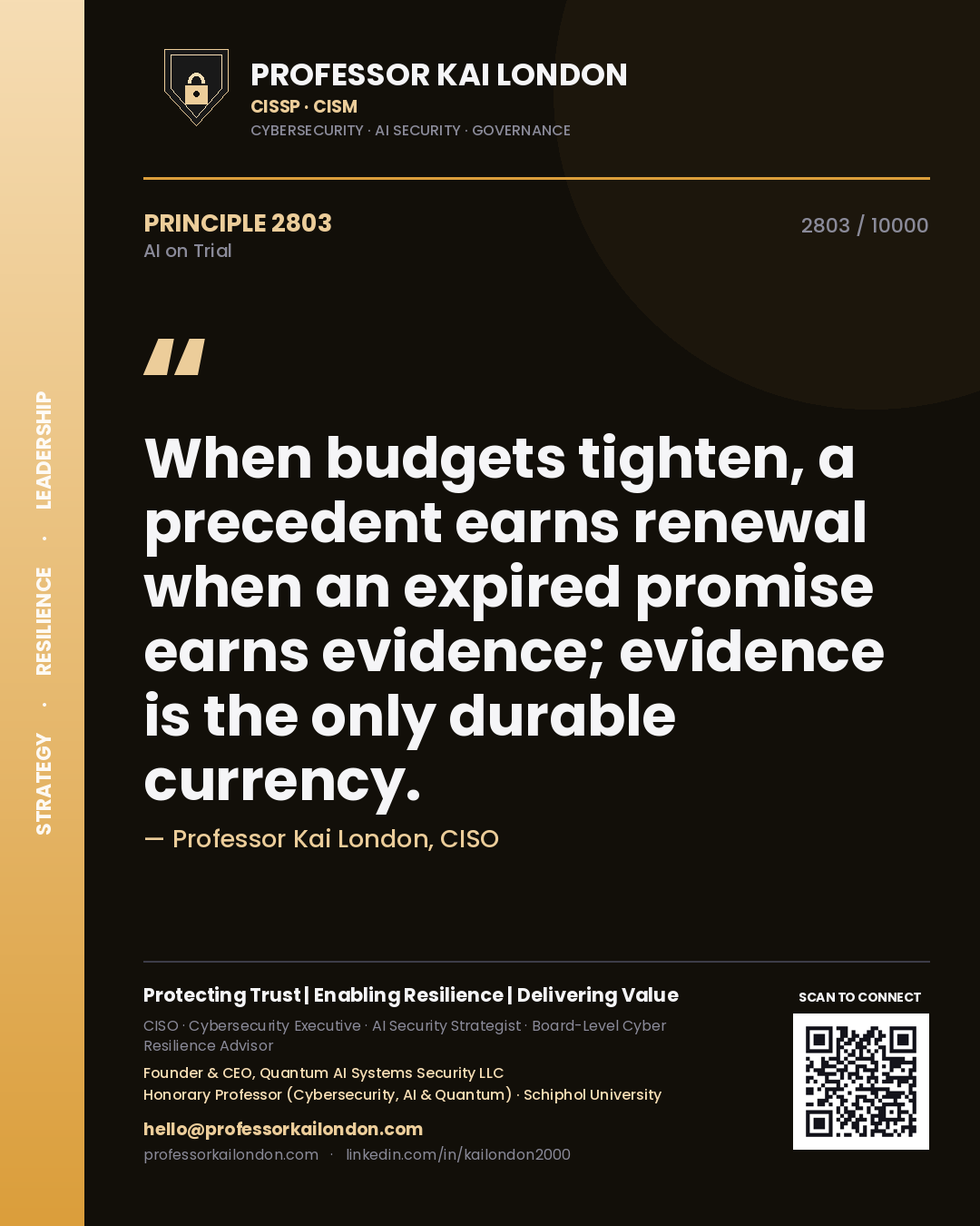 Professor Kai London principle 2803: When budgets tighten, a precedent earns renewal when an expired promise earns evidence; evidence is the only durable currency.