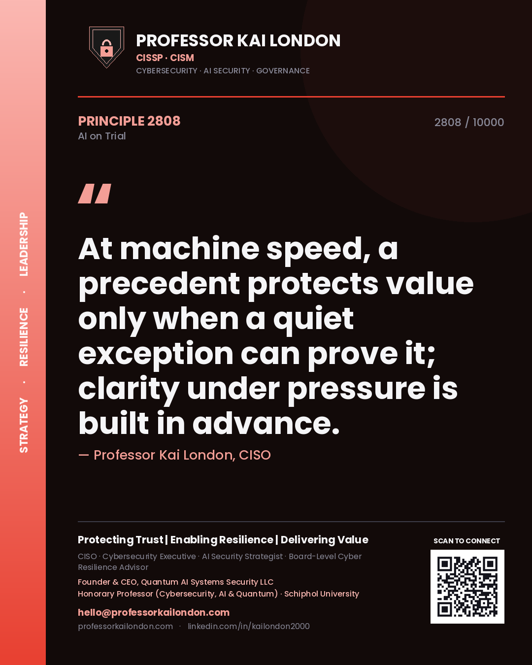 Professor Kai London principle 2808: At machine speed, a precedent protects value only when a quiet exception can prove it; clarity under pressure is built in advance.
