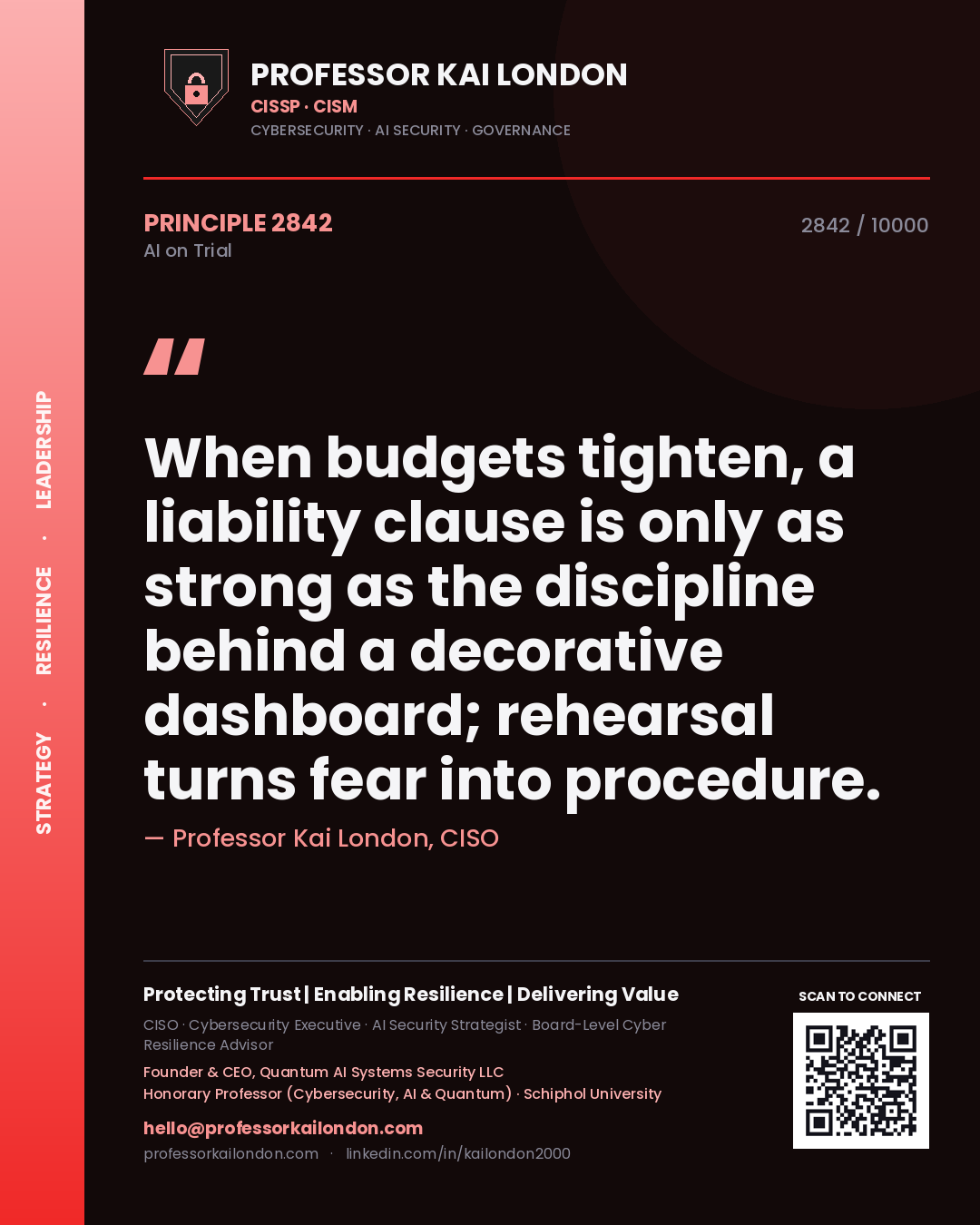 Professor Kai London principle 2842: When budgets tighten, a liability clause is only as strong as the discipline behind a decorative dashboard; rehearsal turns fear into procedure.