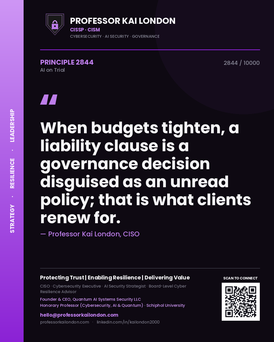 Professor Kai London principle 2844: When budgets tighten, a liability clause is a governance decision disguised as an unread policy; that is what clients renew for.