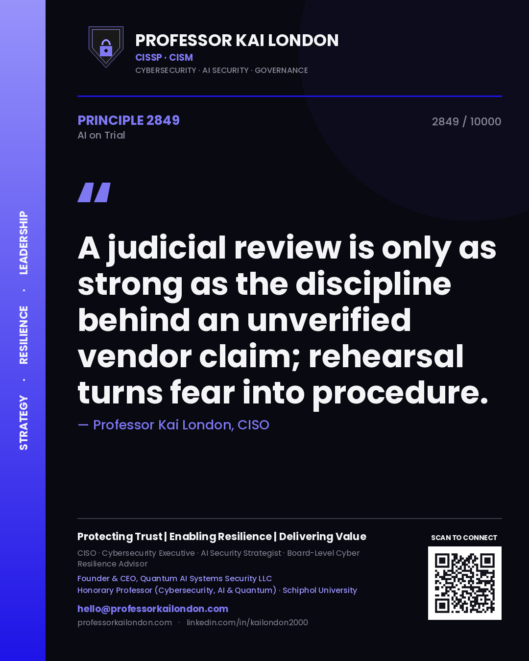 Professor Kai London principle 2849: A judicial review is only as strong as the discipline behind an unverified vendor claim; rehearsal turns fear into procedure.