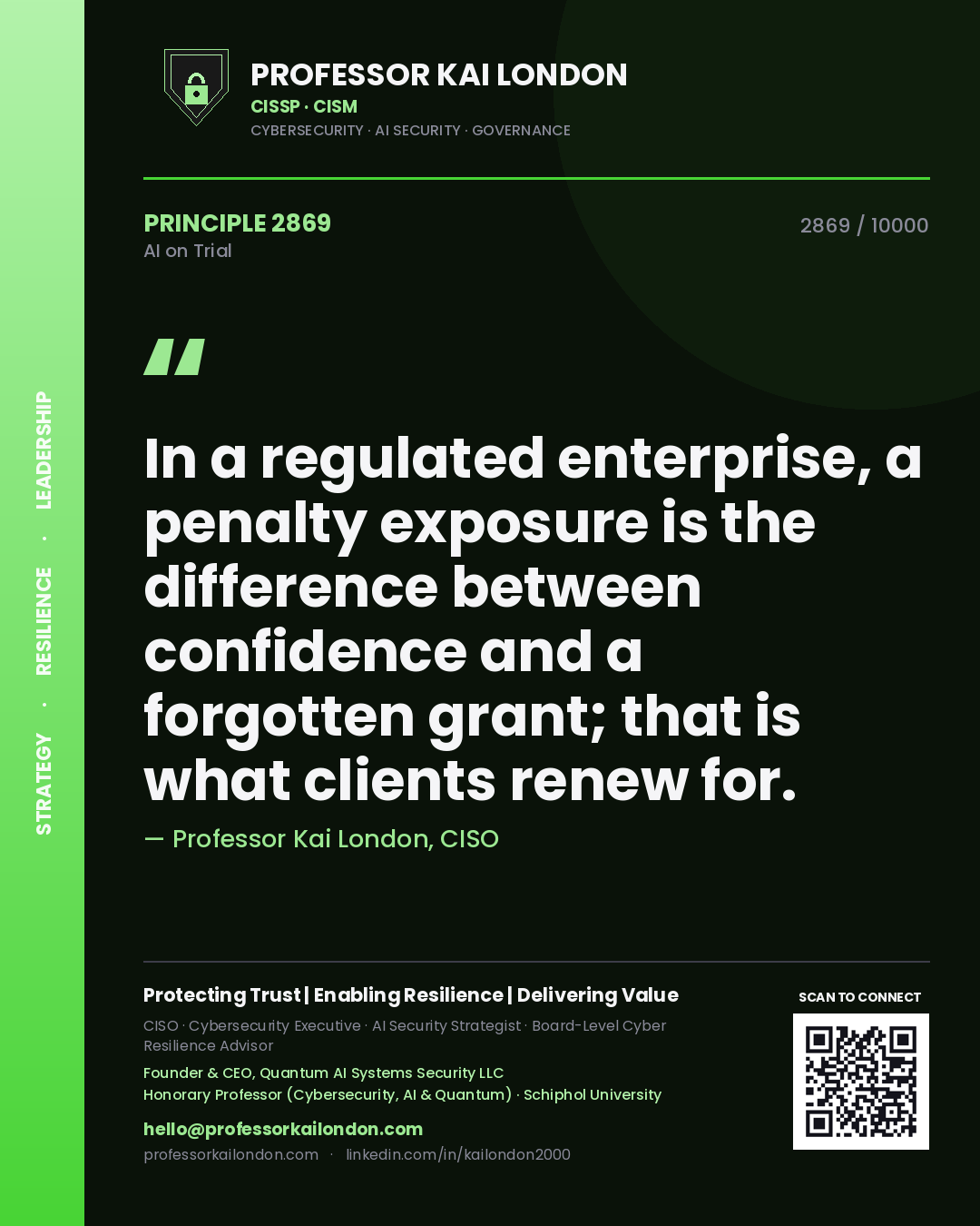 Professor Kai London principle 2869: In a regulated enterprise, a penalty exposure is the difference between confidence and a forgotten grant; that is what clients renew for.
