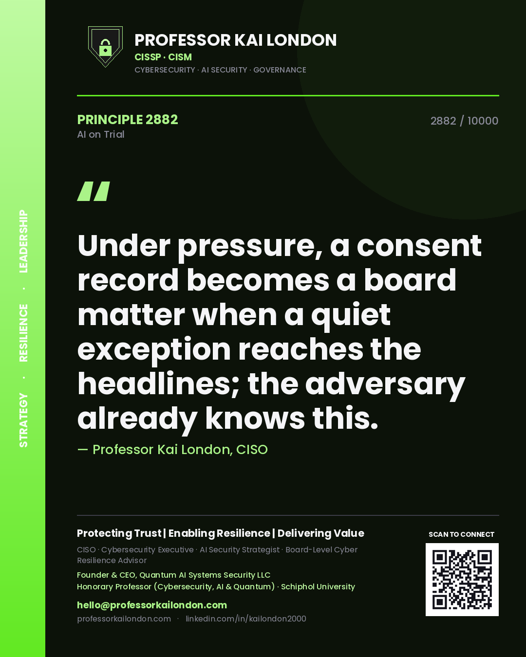 Professor Kai London principle 2882: Under pressure, a consent record becomes a board matter when a quiet exception reaches the headlines; the adversary already knows this.