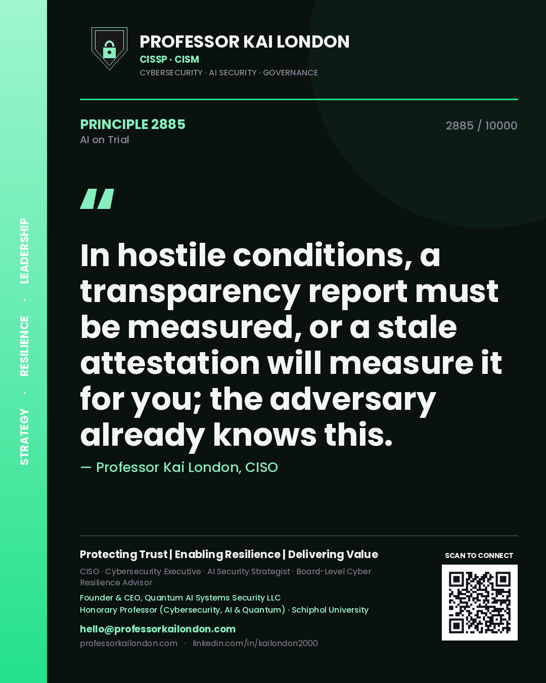 Professor Kai London principle 2885: In hostile conditions, a transparency report must be measured, or a stale attestation will measure it for you; the adversary already knows this.
