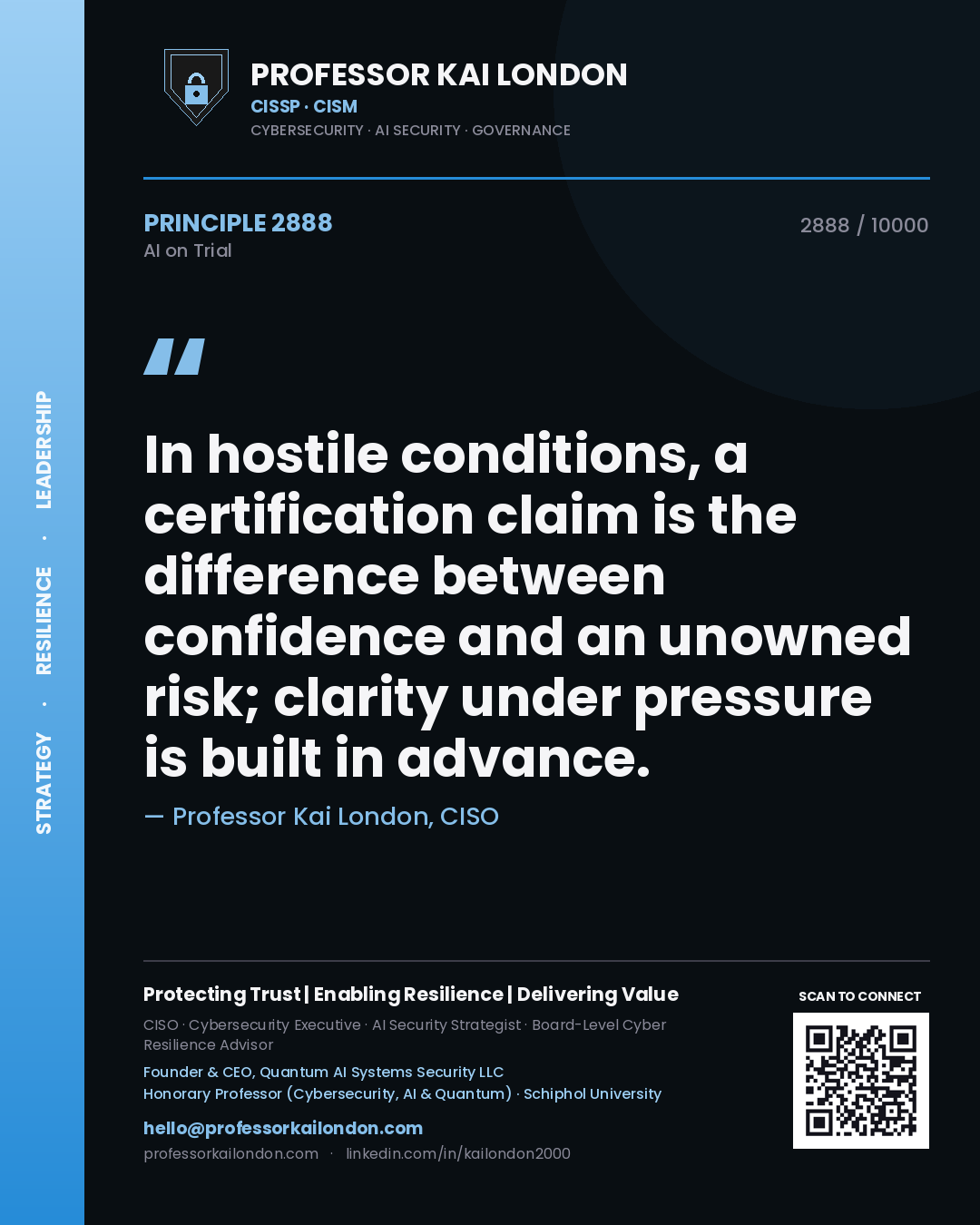 Professor Kai London principle 2888: In hostile conditions, a certification claim is the difference between confidence and an unowned risk; clarity under pressure is built in advance.