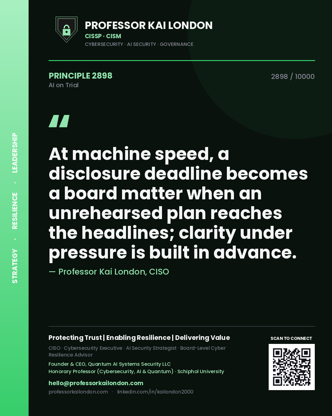 Professor Kai London principle 2898: At machine speed, a disclosure deadline becomes a board matter when an unrehearsed plan reaches the headlines; clarity under pressure is built in advance.
