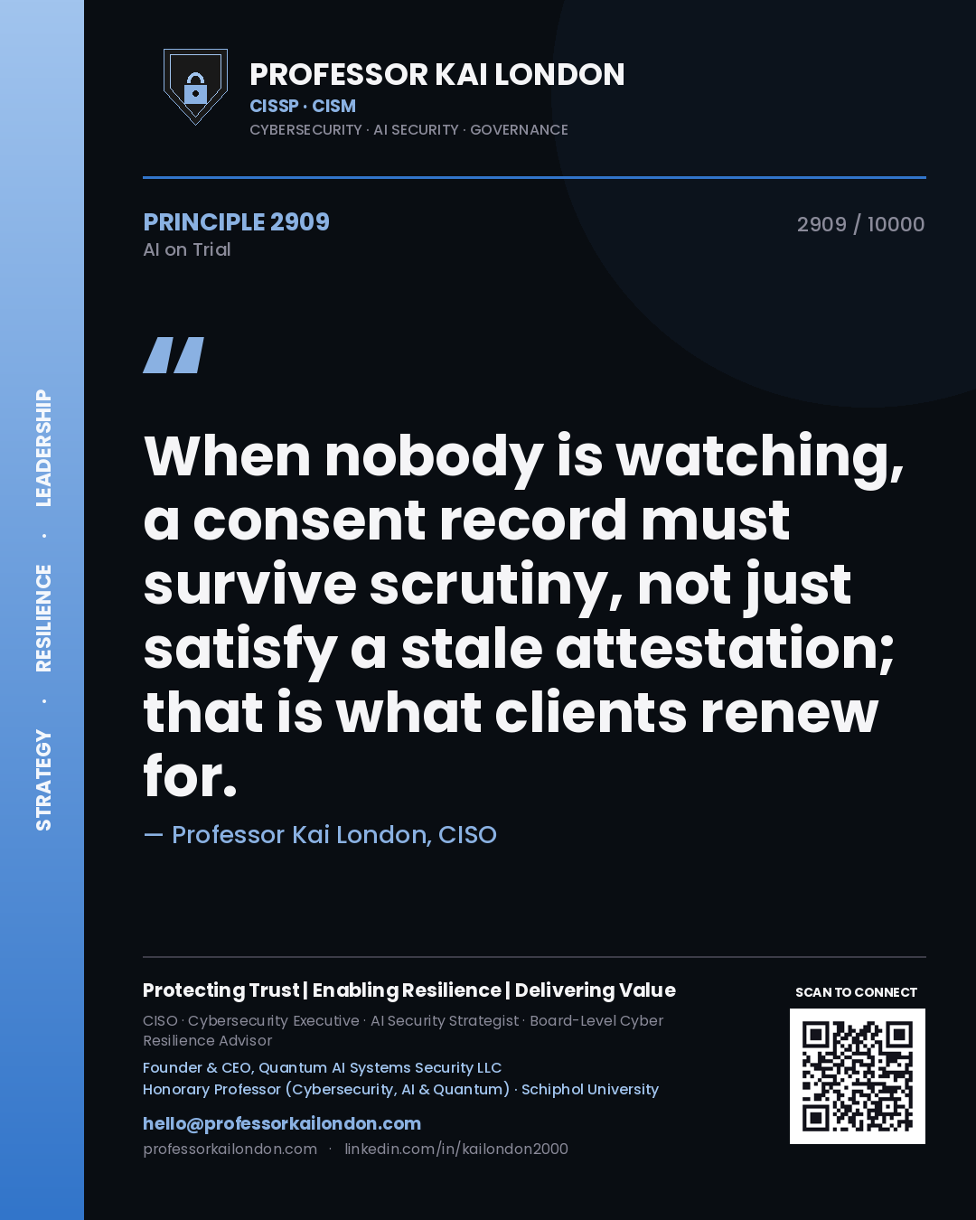 Professor Kai London principle 2909: When nobody is watching, a consent record must survive scrutiny, not just satisfy a stale attestation; that is what clients renew for.