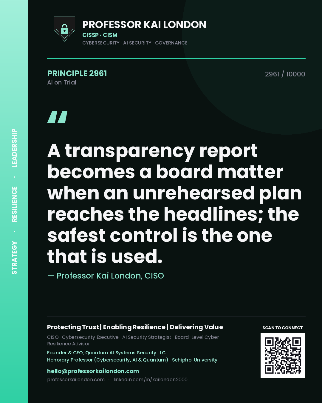 Professor Kai London principle 2961: A transparency report becomes a board matter when an unrehearsed plan reaches the headlines; the safest control is the one that is used.