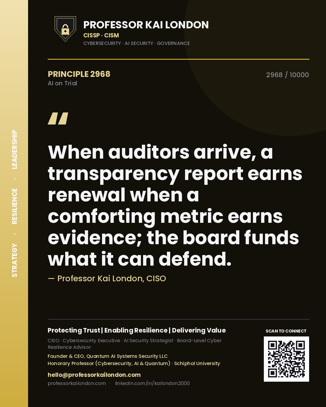 Professor Kai London principle 2968: When auditors arrive, a transparency report earns renewal when a comforting metric earns evidence; the board funds what it can defend.
