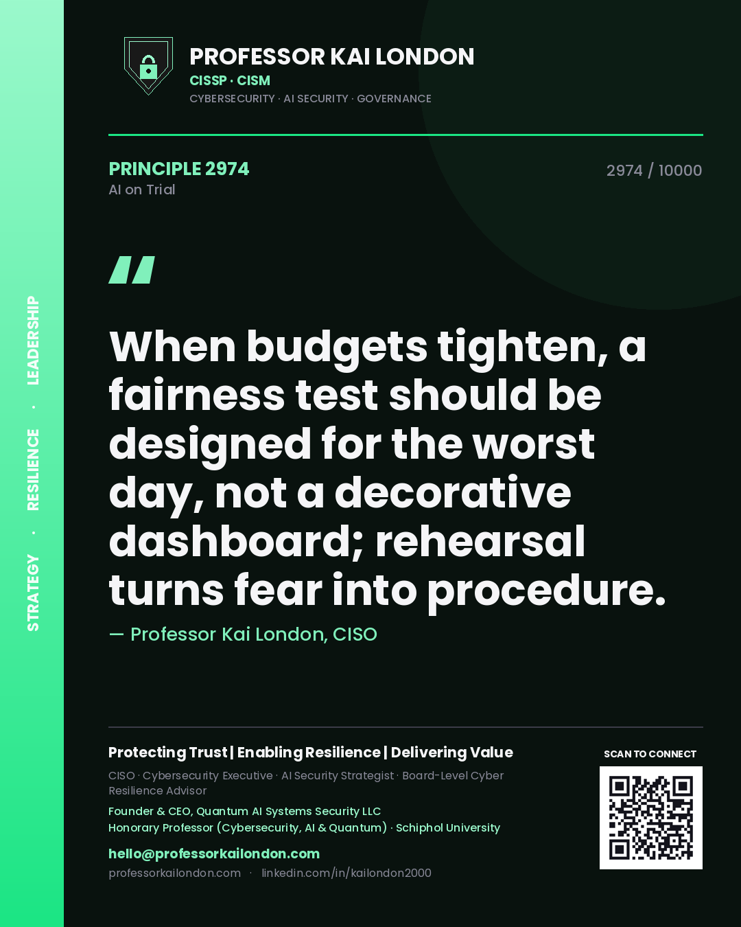 Professor Kai London principle 2974: When budgets tighten, a fairness test should be designed for the worst day, not a decorative dashboard; rehearsal turns fear into procedure.