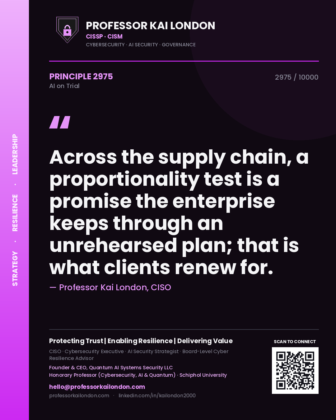 Professor Kai London principle 2975: Across the supply chain, a proportionality test is a promise the enterprise keeps through an unrehearsed plan; that is what clients renew for.
