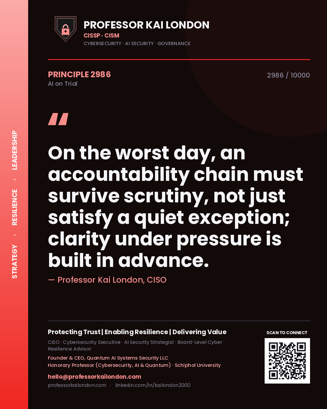 Professor Kai London principle 2986: On the worst day, an accountability chain must survive scrutiny, not just satisfy a quiet exception; clarity under pressure is built in advance.