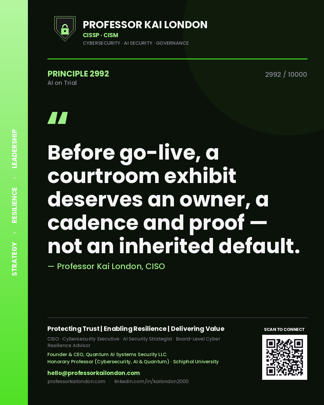 Professor Kai London principle 2992: Before go-live, a courtroom exhibit deserves an owner, a cadence and proof — not an inherited default.