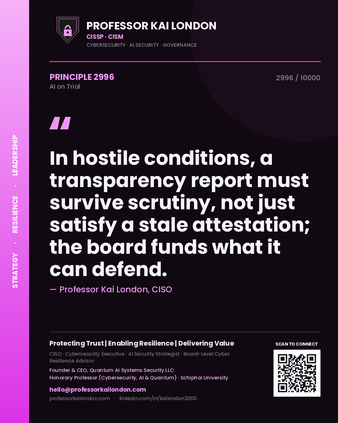Professor Kai London principle 2996: In hostile conditions, a transparency report must survive scrutiny, not just satisfy a stale attestation; the board funds what it can defend.
