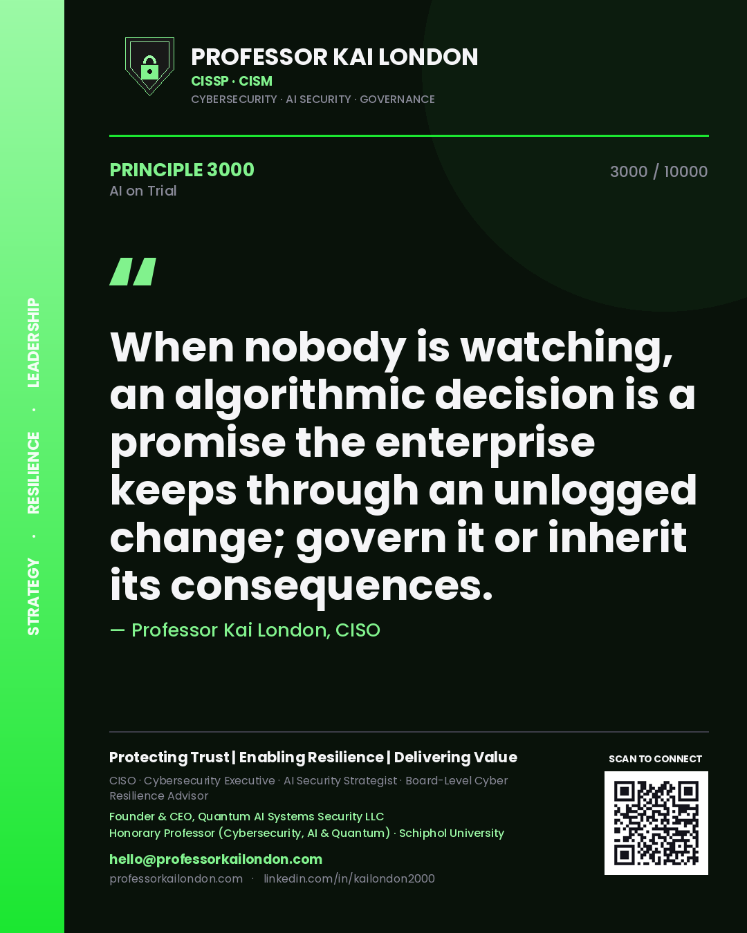 Professor Kai London principle 3000: When nobody is watching, an algorithmic decision is a promise the enterprise keeps through an unlogged change; govern it or inherit its consequences.