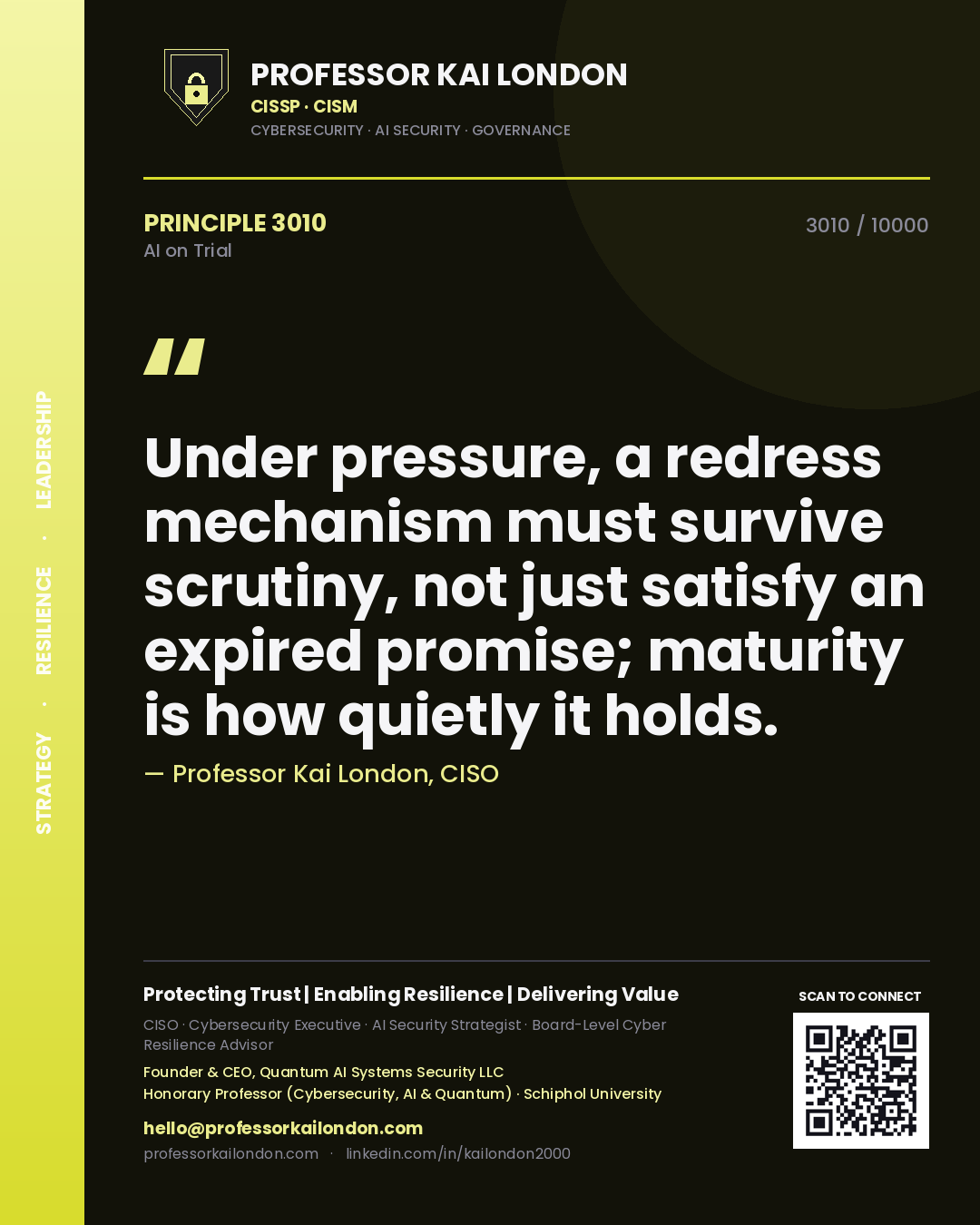 Professor Kai London principle 3010: Under pressure, a redress mechanism must survive scrutiny, not just satisfy an expired promise; maturity is how quietly it holds.