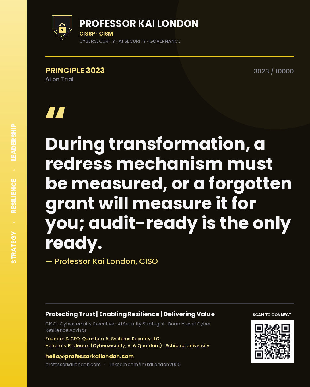 Professor Kai London principle 3023: During transformation, a redress mechanism must be measured, or a forgotten grant will measure it for you; audit-ready is the only ready.