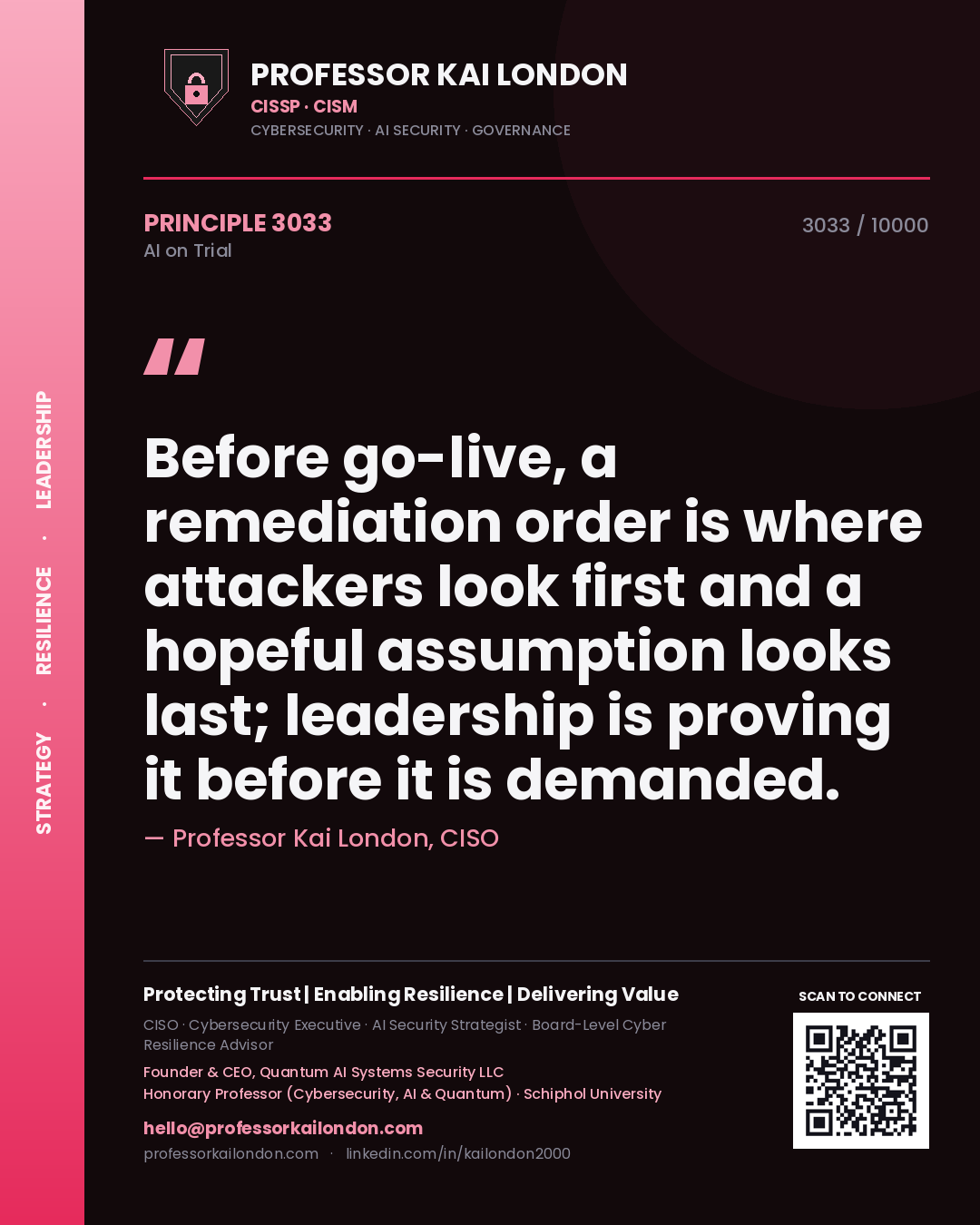 Professor Kai London principle 3033: Before go-live, a remediation order is where attackers look first and a hopeful assumption looks last; leadership is proving it before it is demanded.
