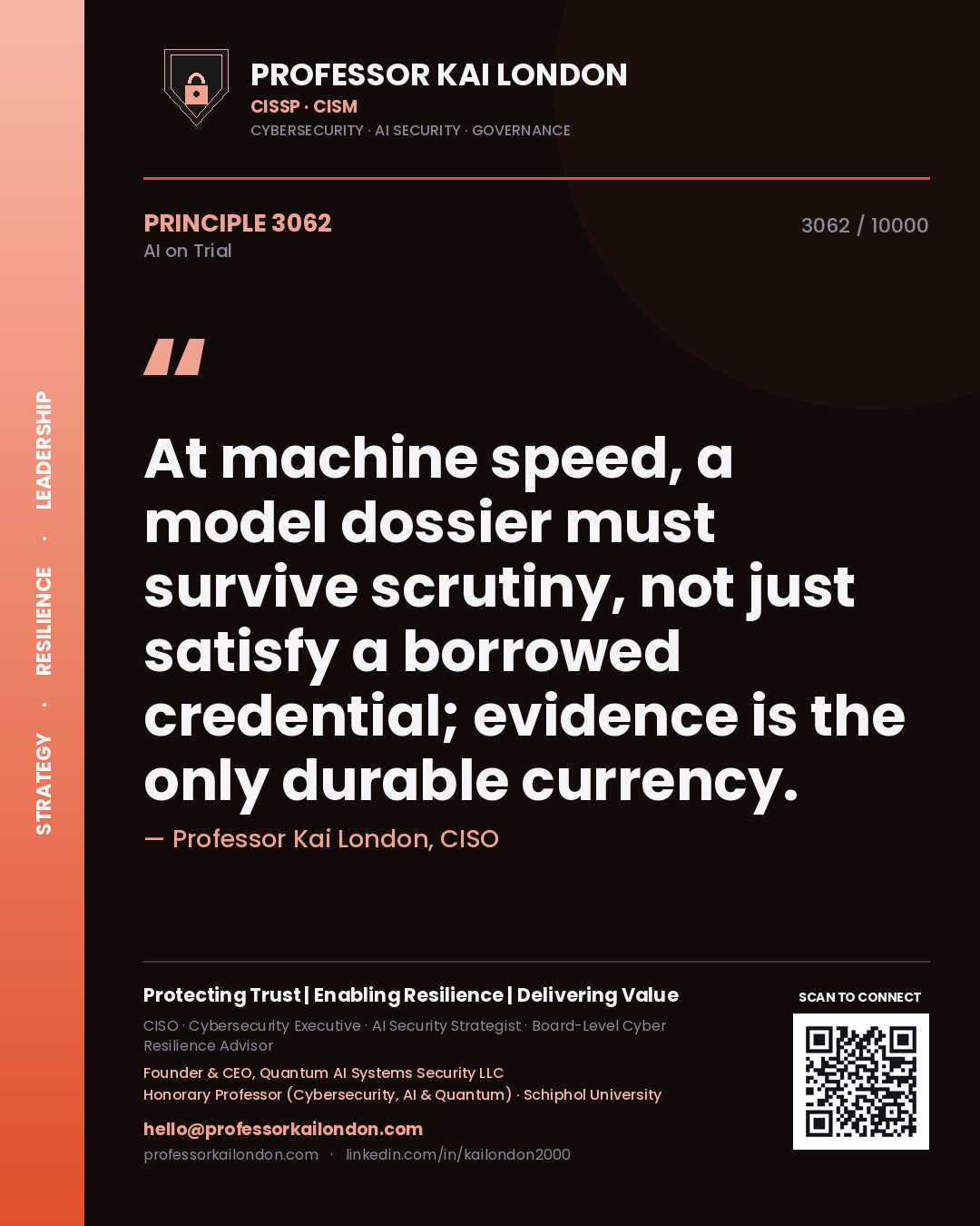 Professor Kai London principle 3062: At machine speed, a model dossier must survive scrutiny, not just satisfy a borrowed credential; evidence is the only durable currency.