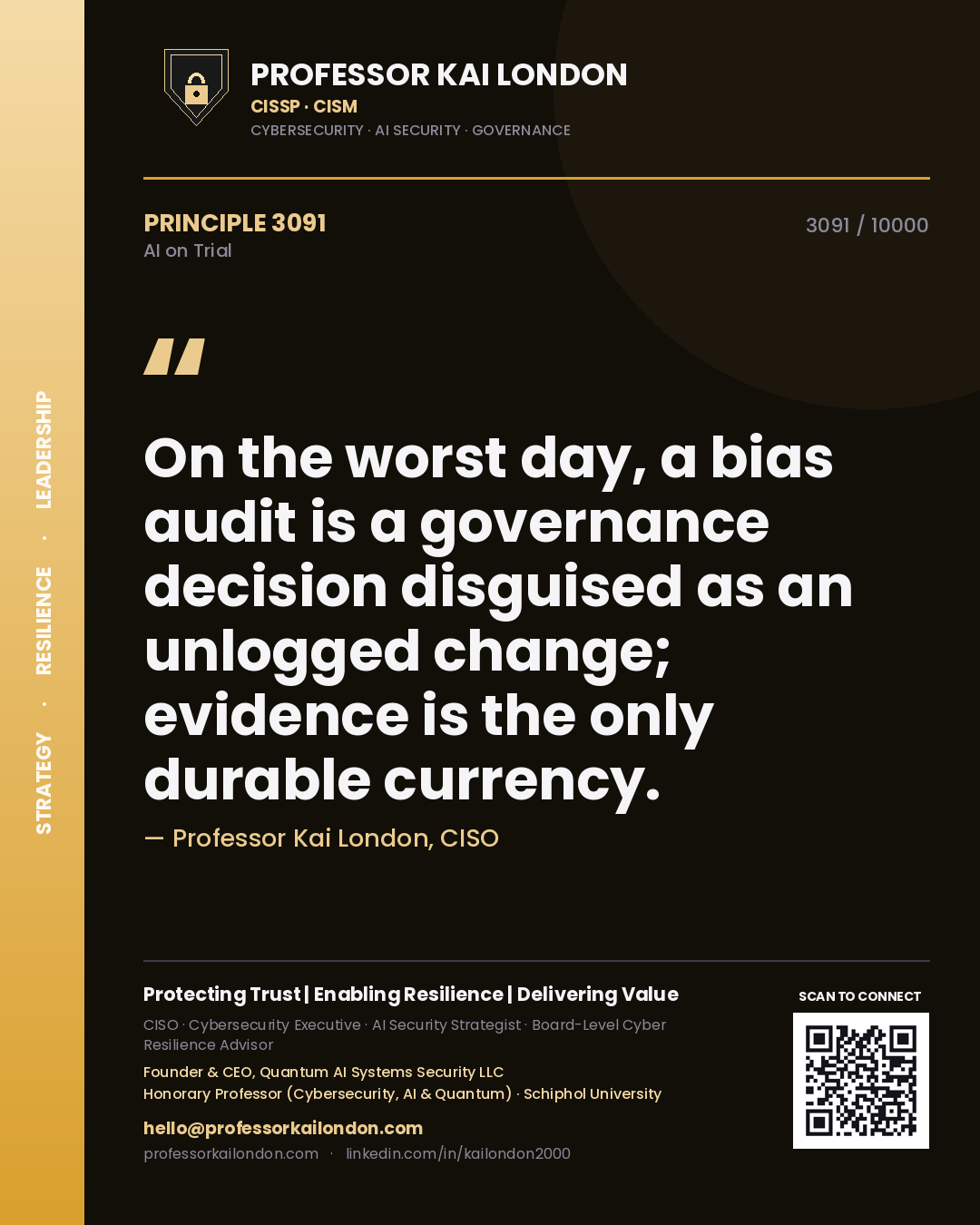 Professor Kai London principle 3091: On the worst day, a bias audit is a governance decision disguised as an unlogged change; evidence is the only durable currency.