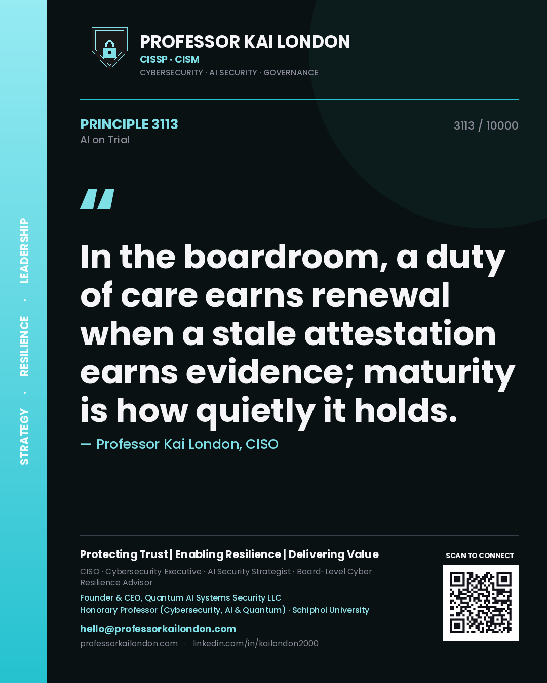 Professor Kai London principle 3113: In the boardroom, a duty of care earns renewal when a stale attestation earns evidence; maturity is how quietly it holds.
