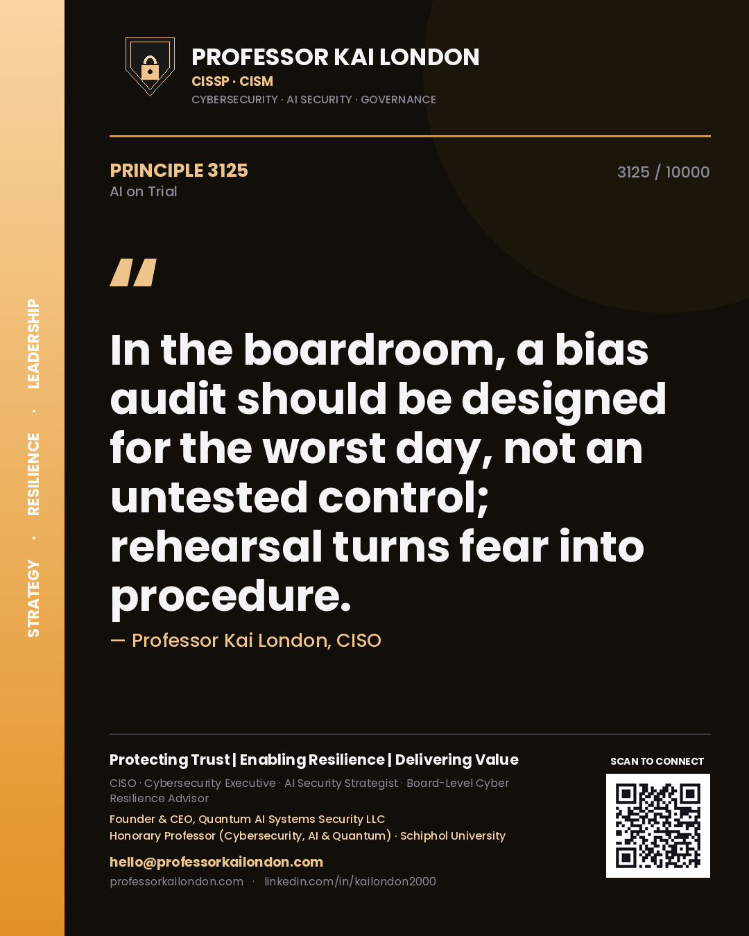 Professor Kai London principle 3125: In the boardroom, a bias audit should be designed for the worst day, not an untested control; rehearsal turns fear into procedure.