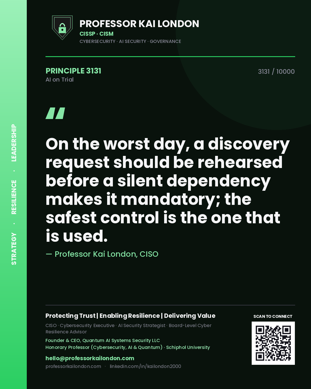 Professor Kai London principle 3131: On the worst day, a discovery request should be rehearsed before a silent dependency makes it mandatory; the safest control is the one that is used.