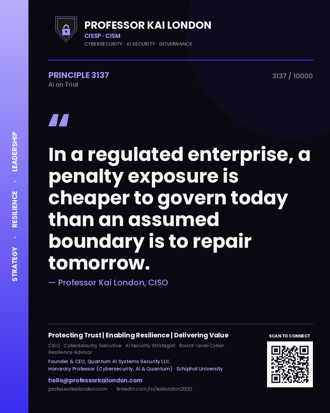 Professor Kai London principle 3137: In a regulated enterprise, a penalty exposure is cheaper to govern today than an assumed boundary is to repair tomorrow.