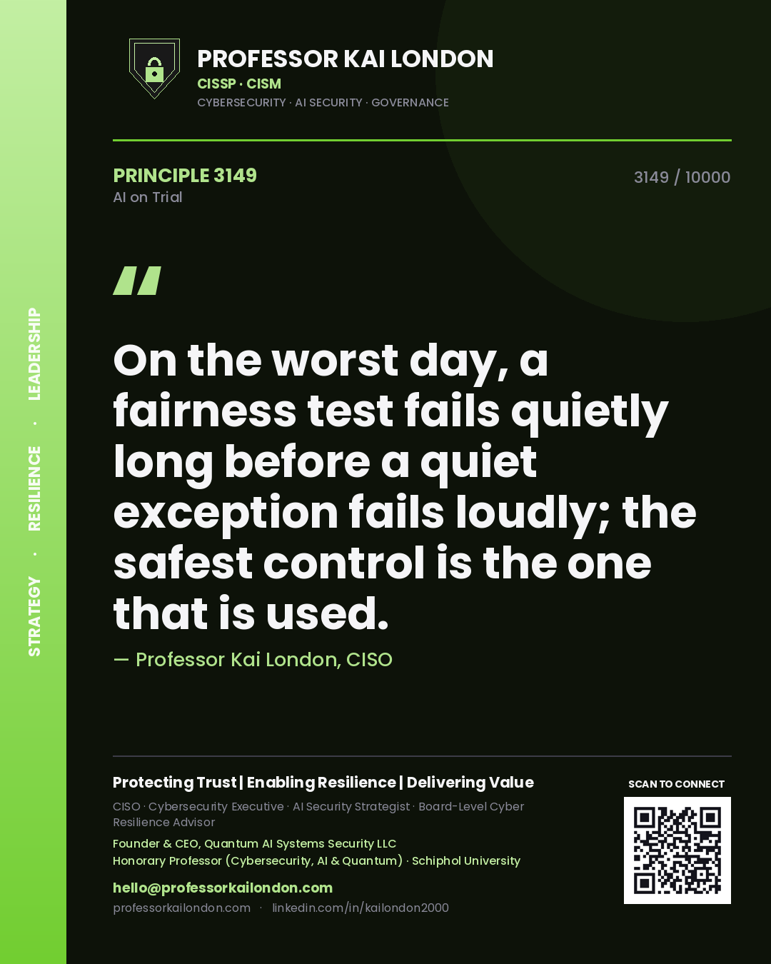 Professor Kai London principle 3149: On the worst day, a fairness test fails quietly long before a quiet exception fails loudly; the safest control is the one that is used.
