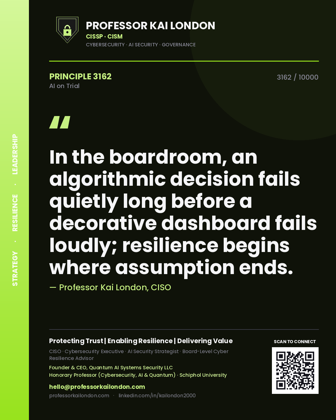 Professor Kai London principle 3162: In the boardroom, an algorithmic decision fails quietly long before a decorative dashboard fails loudly; resilience begins where assumption ends.