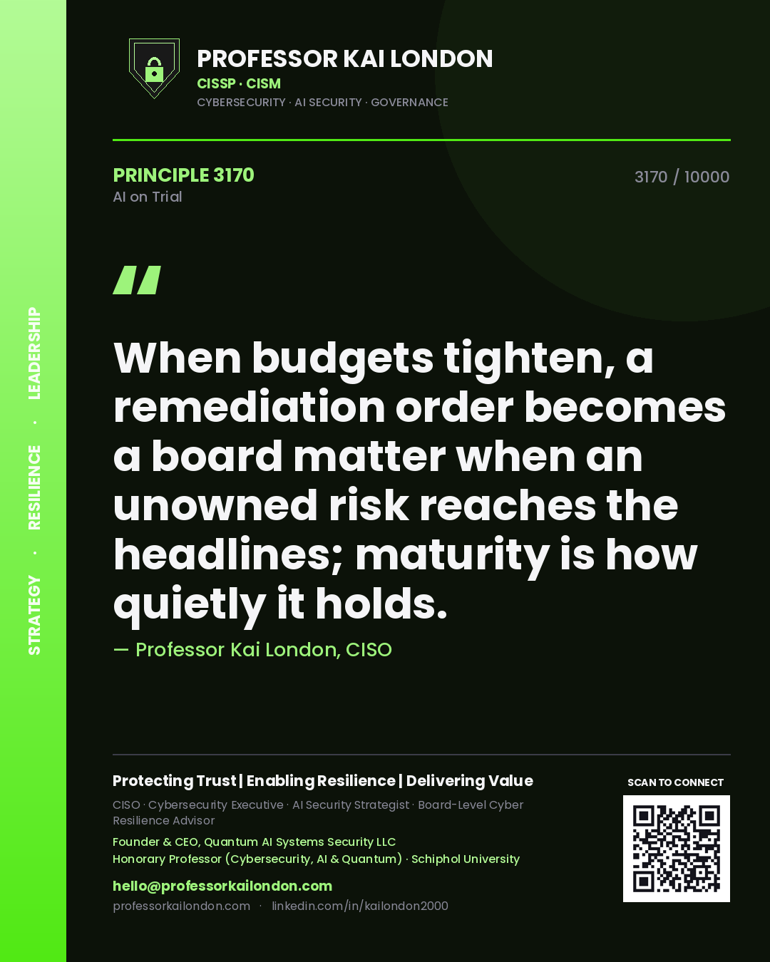 Professor Kai London principle 3170: When budgets tighten, a remediation order becomes a board matter when an unowned risk reaches the headlines; maturity is how quietly it holds.