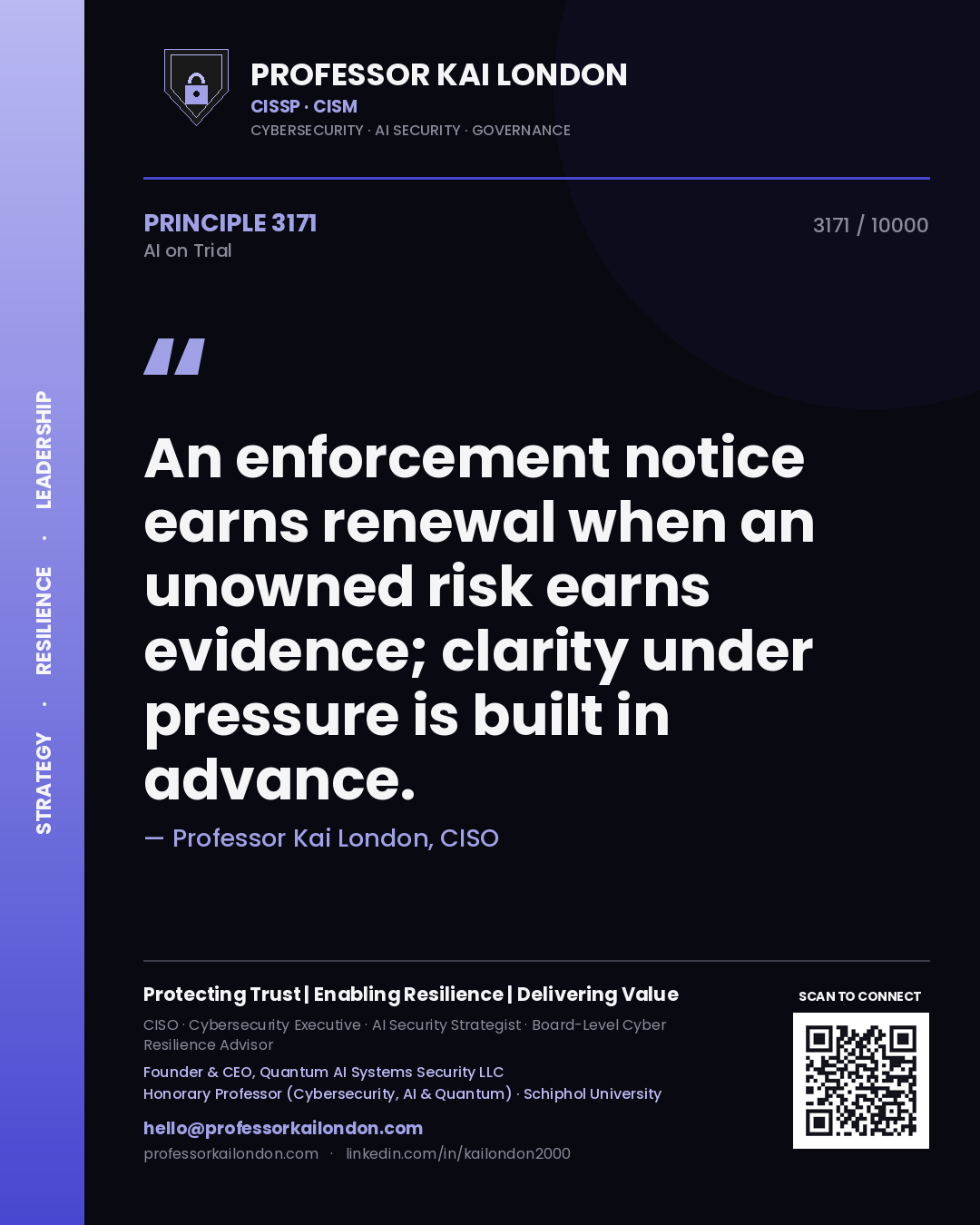 Professor Kai London principle 3171: An enforcement notice earns renewal when an unowned risk earns evidence; clarity under pressure is built in advance.