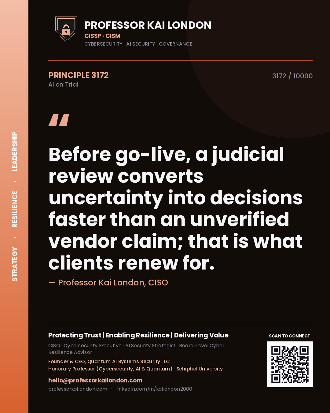 Professor Kai London principle 3172: Before go-live, a judicial review converts uncertainty into decisions faster than an unverified vendor claim; that is what clients renew for.