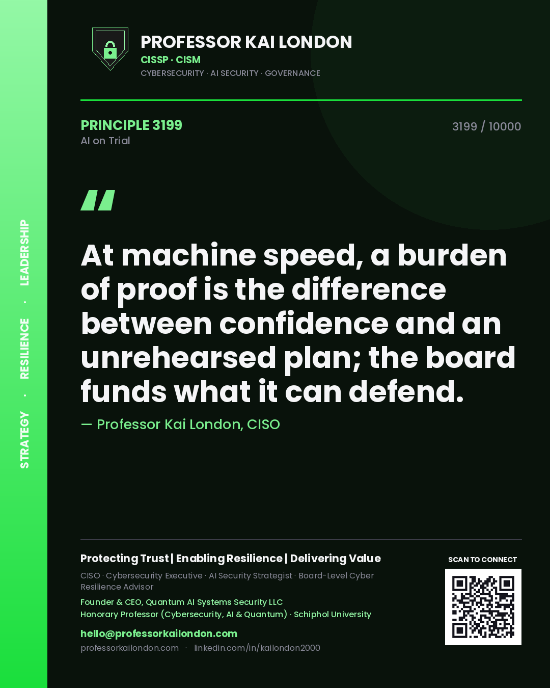 Professor Kai London principle 3199: At machine speed, a burden of proof is the difference between confidence and an unrehearsed plan; the board funds what it can defend.
