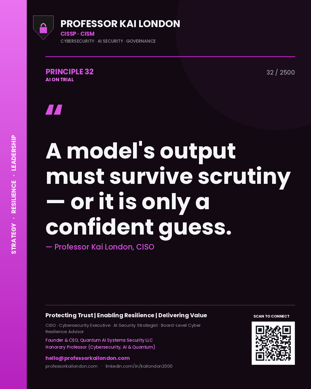 Professor Kai London principle 32: A model's output must survive scrutiny — or it is only a confident guess.