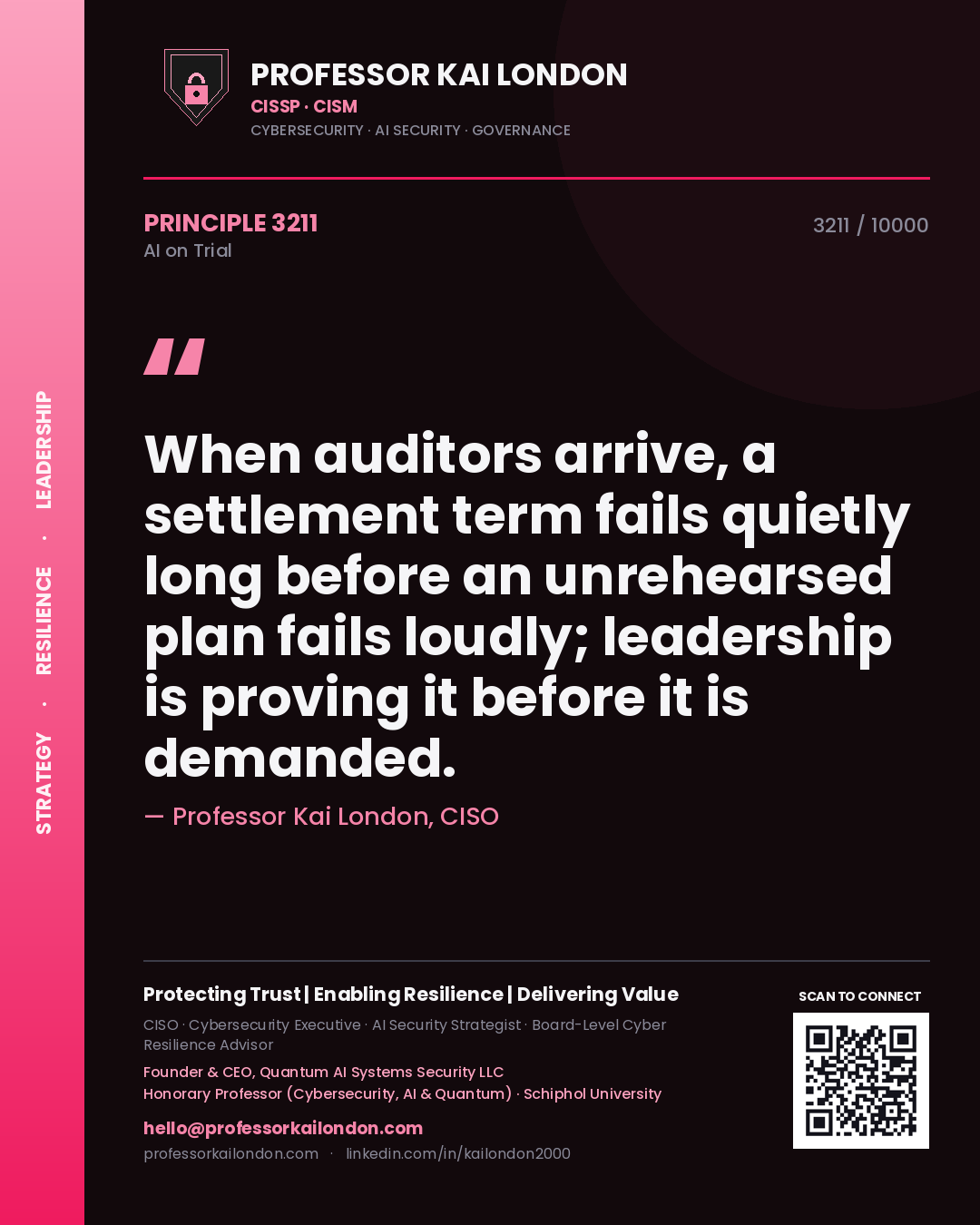 Professor Kai London principle 3211: When auditors arrive, a settlement term fails quietly long before an unrehearsed plan fails loudly; leadership is proving it before it is demanded.